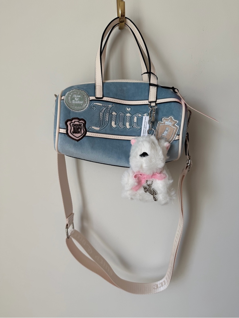 Juicy Couture Blue Velour barrel bag with Scottie dog Plush Charm